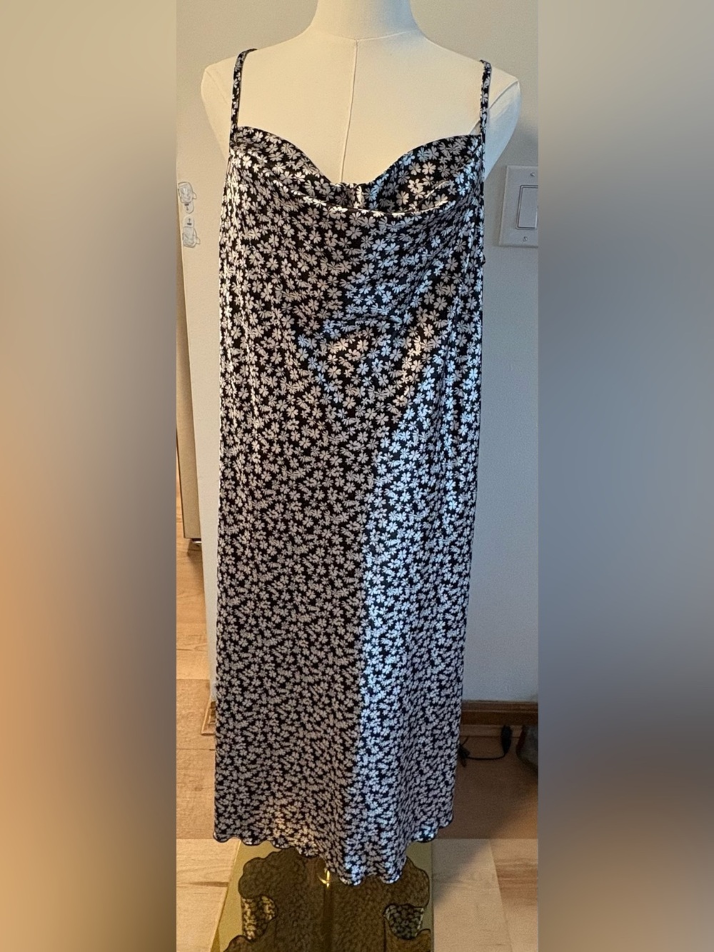 bebe Black and White Floral Midi Slip Dress